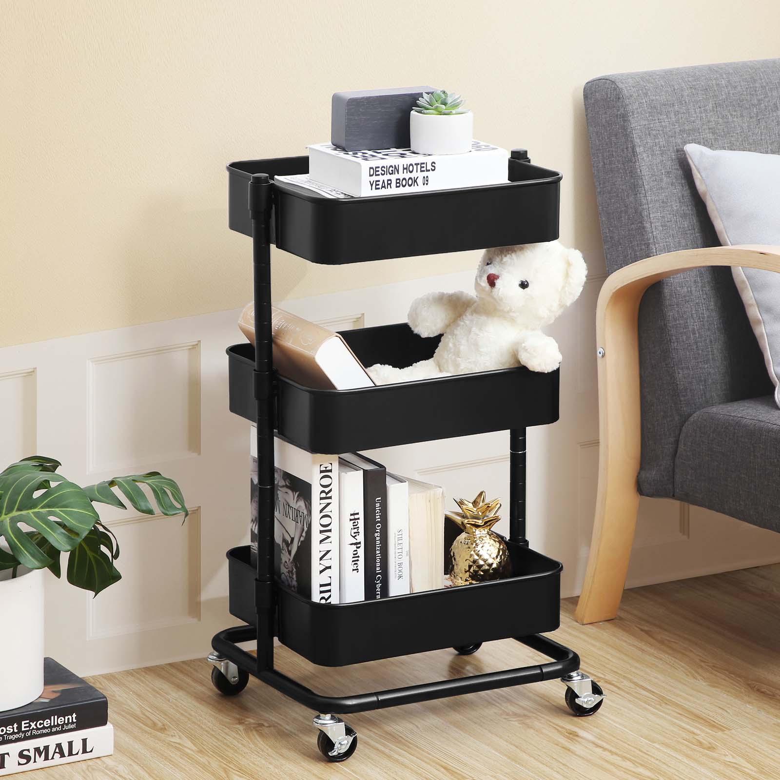 3-Tier Rolling Cart – Metal – Black – Height Adjustable Shelves, Utility with Brakes