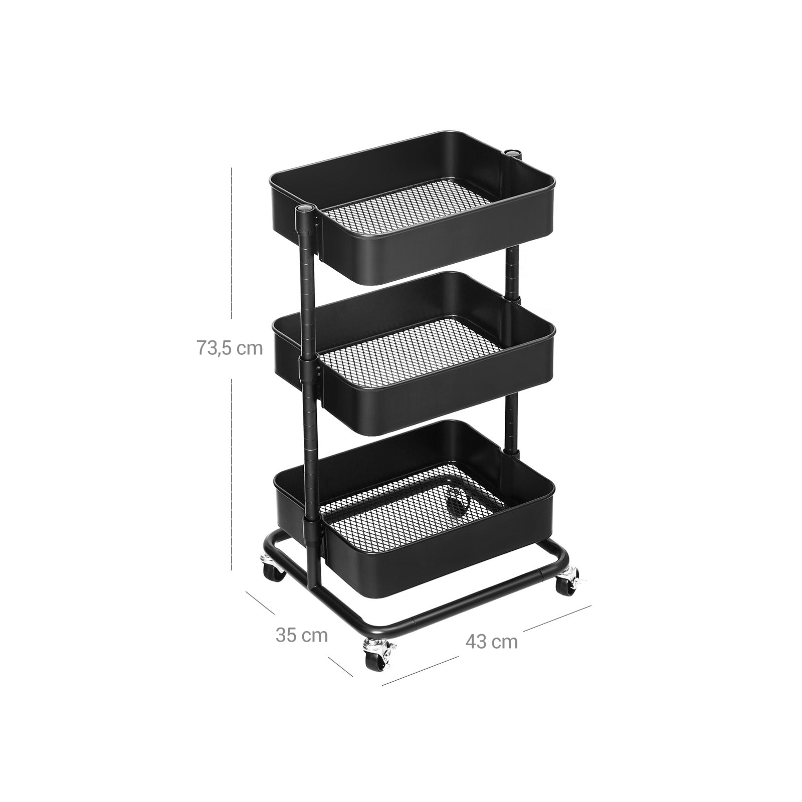 3-Tier Rolling Cart – Metal – Black – Height Adjustable Shelves, Utility with Brakes