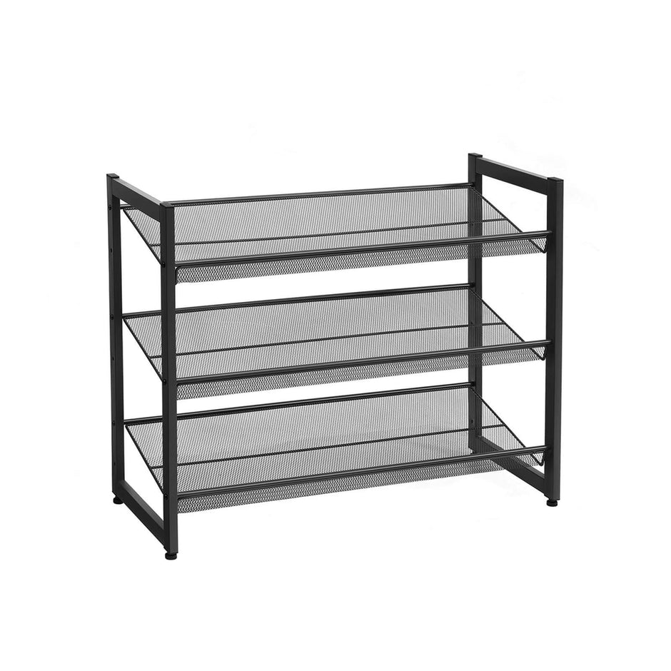 3 Tier Shoe Rack – Metal Mesh – Black – Stackable Design for 9 Pairs of Shoes