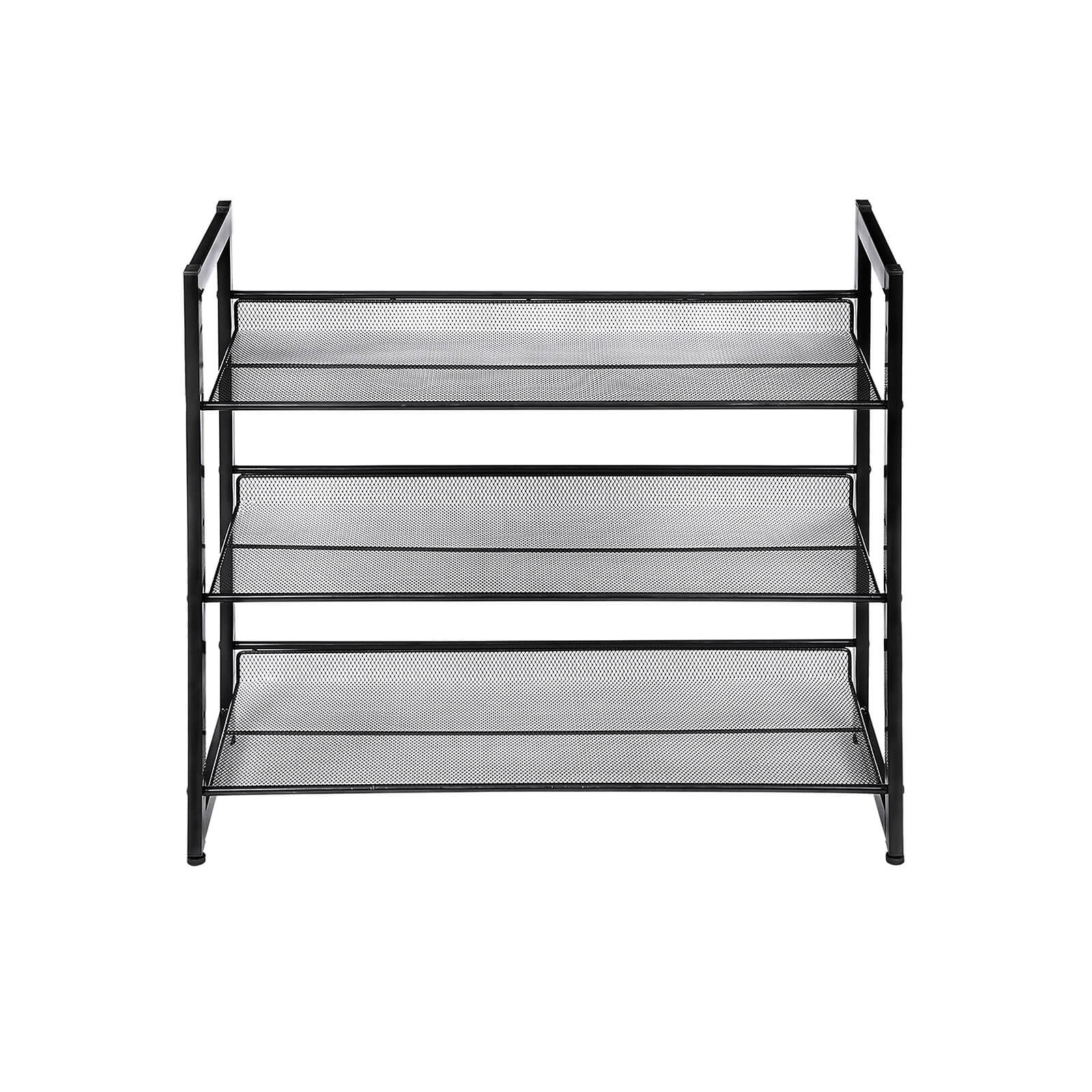 3 Tier Shoe Rack – Metal Mesh – Black – Stackable Design for 9 Pairs of Shoes