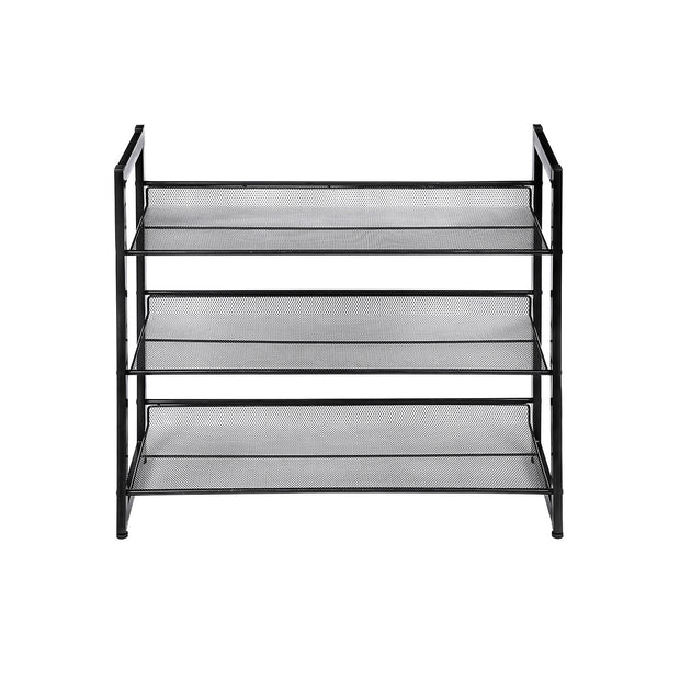 3 Tier Shoe Rack – Metal Mesh – Black – Stackable Design for 9 Pairs of Shoes