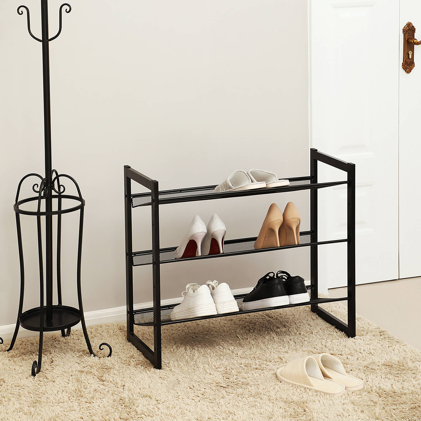 3 Tier Shoe Rack – Metal Mesh – Black – Stackable Design for 9 Pairs of Shoes