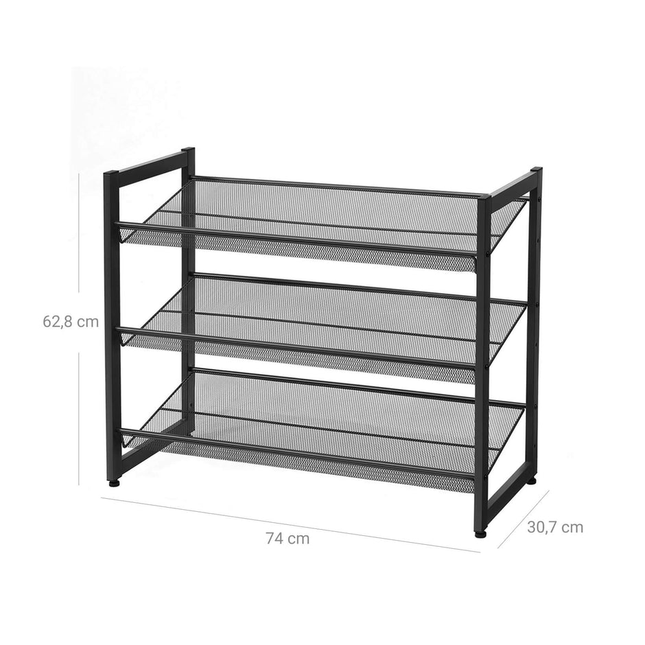 3 Tier Shoe Rack – Metal Mesh – Black – Stackable Design for 9 Pairs of Shoes