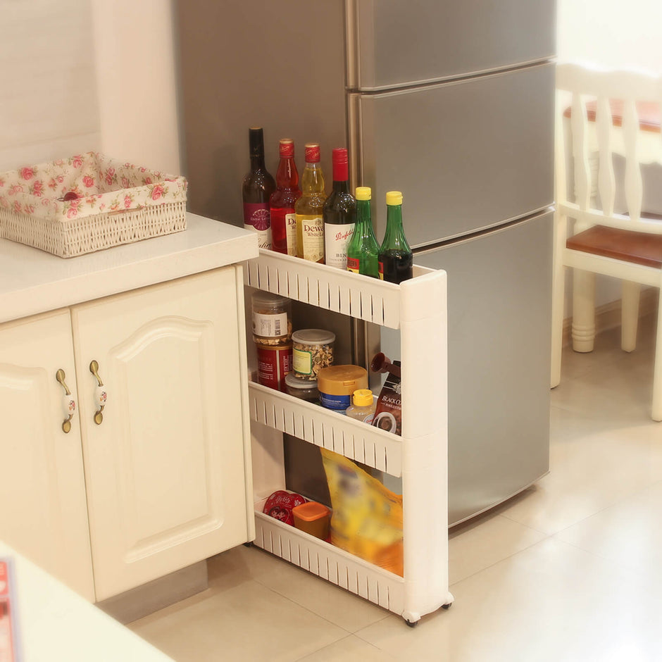 3-Tier Storage Tower – Metal – White – Mobile Design with Wheels