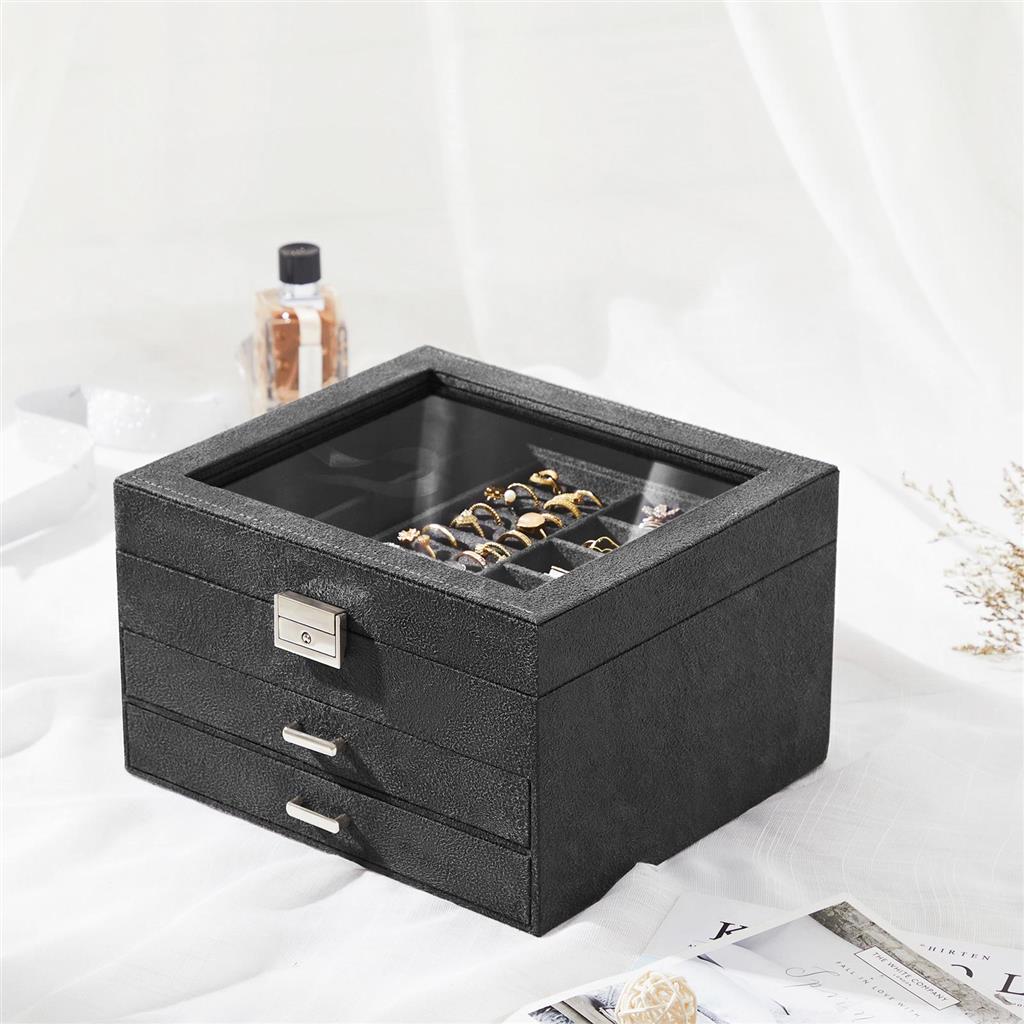 3-Tier Jewellery Box – Velvet – Grey – Clear Glass Lid with Lock and Key, Multiple Compartments for Organising Necklaces, Bracelets, and Rings