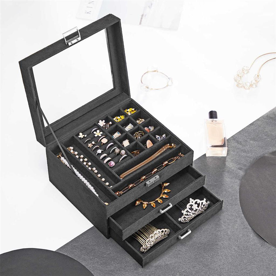 3-Tier Jewellery Box – Velvet – Grey – Clear Glass Lid with Lock and Key, Multiple Compartments for Organising Necklaces, Bracelets, and Rings
