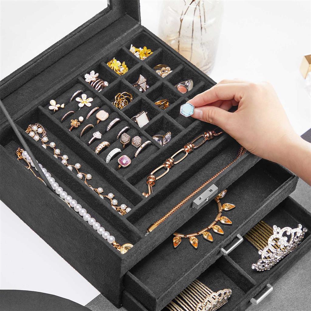 3-Tier Jewellery Box – Velvet – Grey – Clear Glass Lid with Lock and Key, Multiple Compartments for Organising Necklaces, Bracelets, and Rings