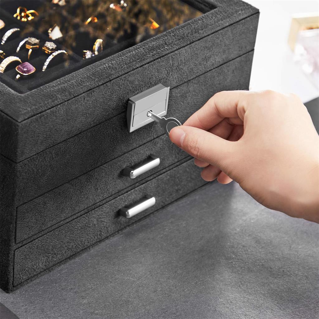 3-Tier Jewellery Box – Velvet – Grey – Clear Glass Lid with Lock and Key, Multiple Compartments for Organising Necklaces, Bracelets, and Rings