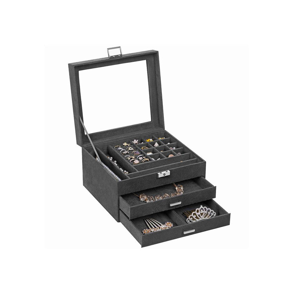 3-Tier Jewellery Box – Velvet – Grey – Clear Glass Lid with Lock and Key, Multiple Compartments for Organising Necklaces, Bracelets, and Rings