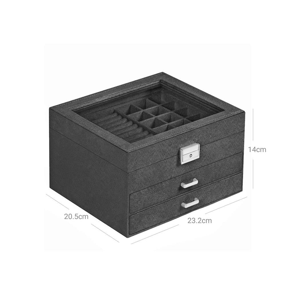 3-Tier Jewellery Box – Velvet – Grey – Clear Glass Lid with Lock and Key, Multiple Compartments for Organising Necklaces, Bracelets, and Rings