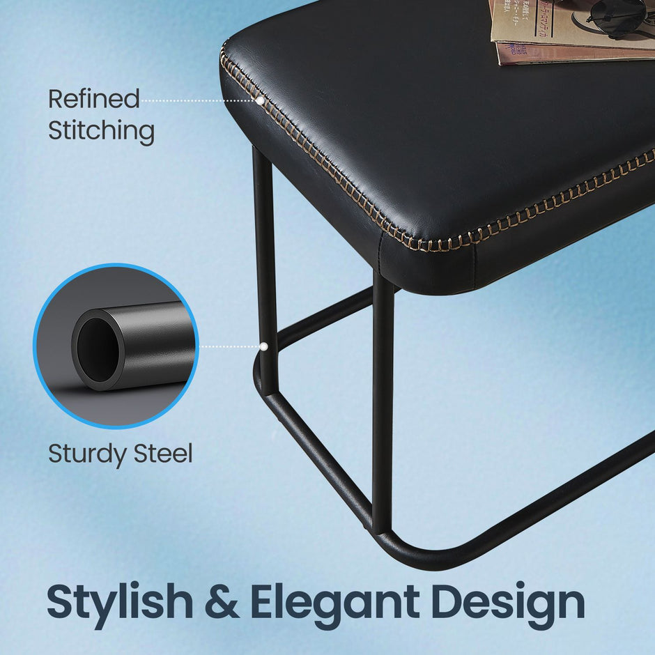 Ottoman Bench – Synthetic Leather – Black – Mid-Century Modern Design with Steel Frame