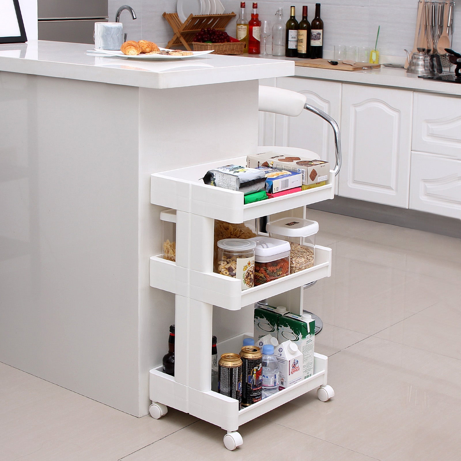 3-Tier Rolling Cart – Plastic – White – with Castors for Kitchen and Bathroom Organization