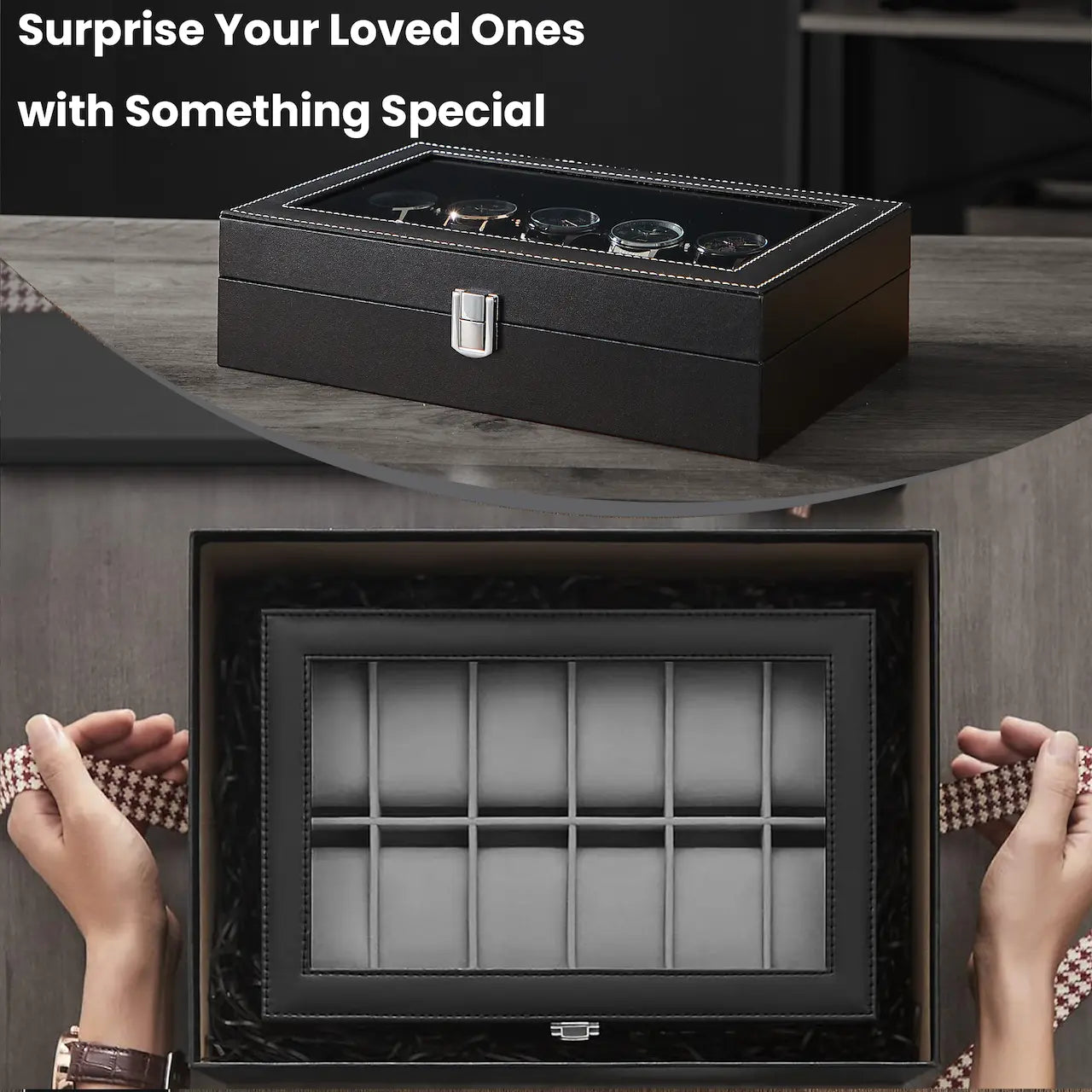 12-Slot Watch Box Organizer – Synthetic Leather – Black with Greenish Grey Lining – Large Glass Lid and Removable Watch Pillows