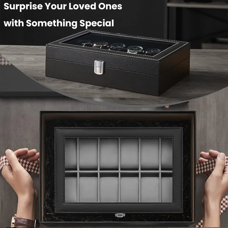 12-Slot Watch Box Organizer – Synthetic Leather – Black with Greenish Grey Lining – Large Glass Lid and Removable Watch Pillows