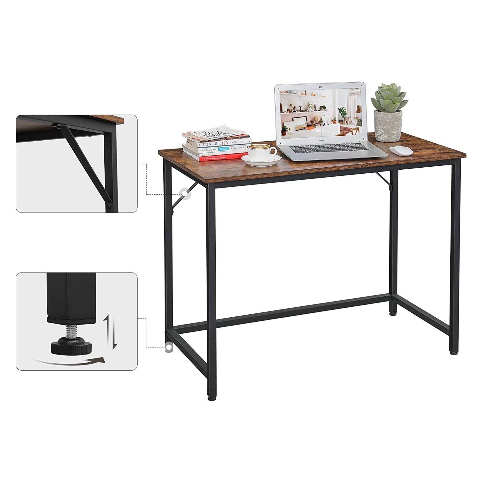 Computer Desk – Metal – Rustic Brown – Industrial Design, Simple Assembly