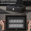 12-Slot Watch Box Organizer – Synthetic Leather – Black with Greenish Grey Lining – Large Glass Lid and Removable Watch Pillows
