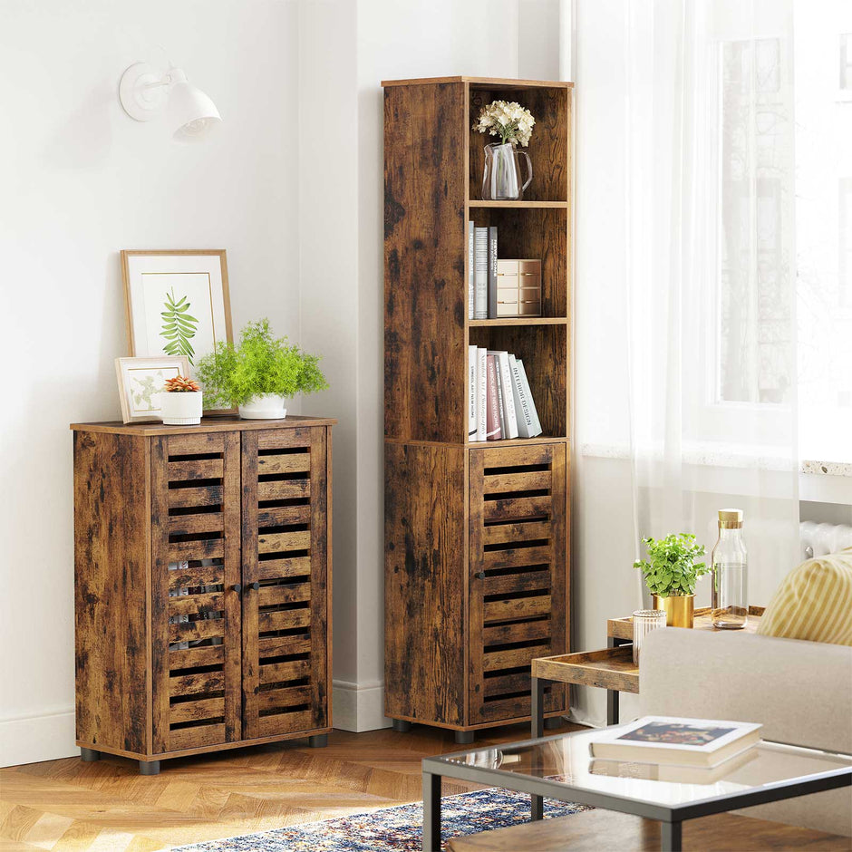 Bathroom Floor Cabinet – Wood – Rustic Brown – Multipurpose with Adjustable Shelf and Louvred Doors