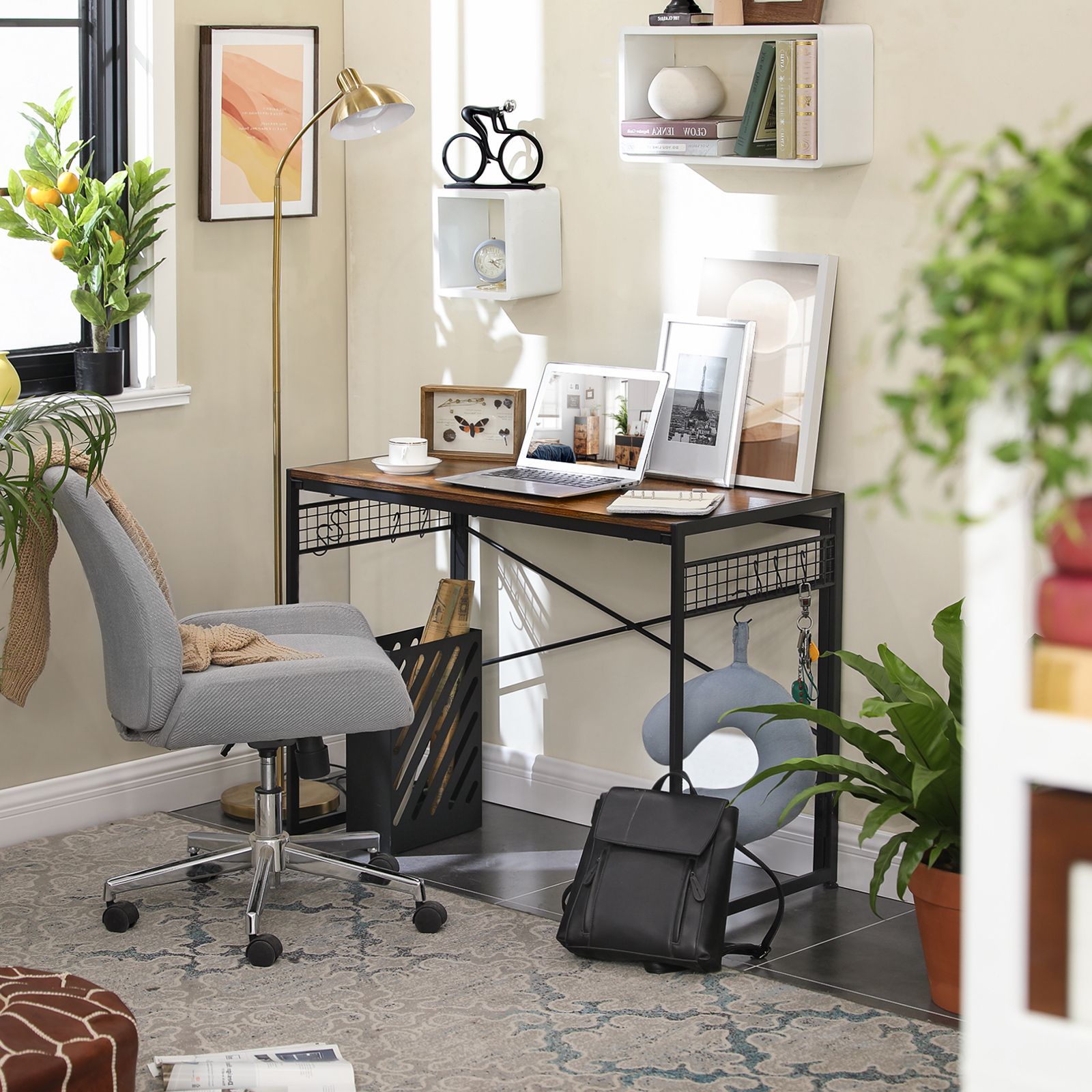 Folding Writing Desk – Wood and Metal – Rustic Brown and Black – 8 Hooks, No Tools Required