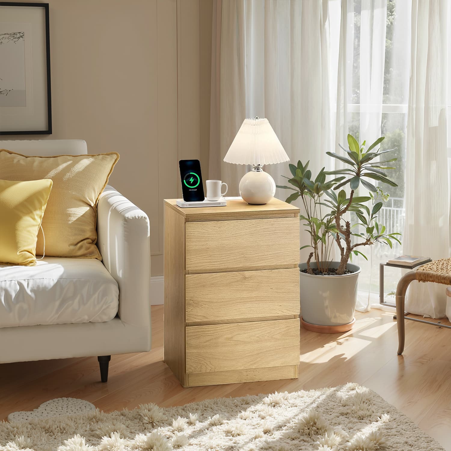 Nightstand – Wood – Natural Finish – Includes Charging Station and 3 Drawers