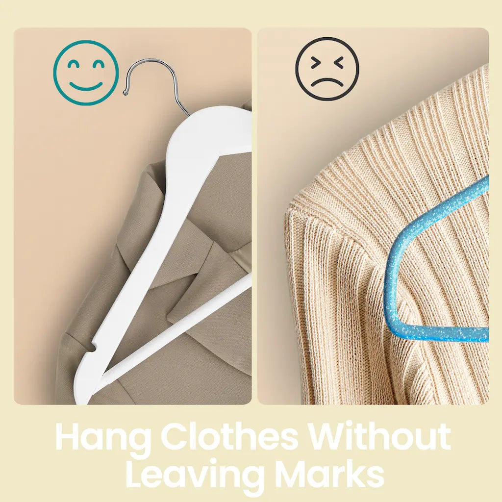 Coat Hangers – Wood – White and Silver – Set of 20 with Shoulder Notches and Anti-Slip Trousers Bar