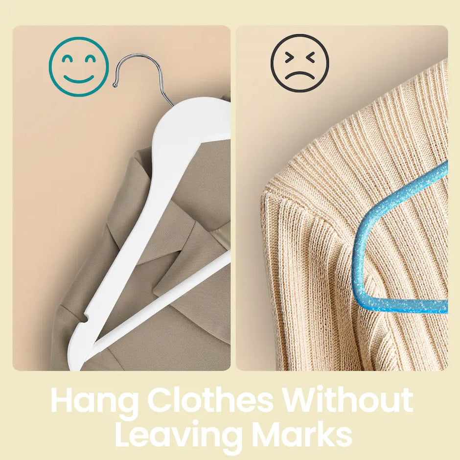Coat Hangers – Wood – White and Silver – Set of 20 with Shoulder Notches and Anti-Slip Trousers Bar
