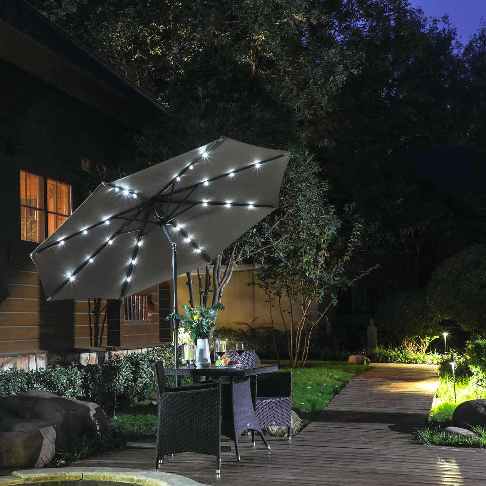 Large Patio Sun Umbrella – Fabric – Grey – Solar-Powered LED Lights, UPF 50+ Protection, Tilting Mechanism