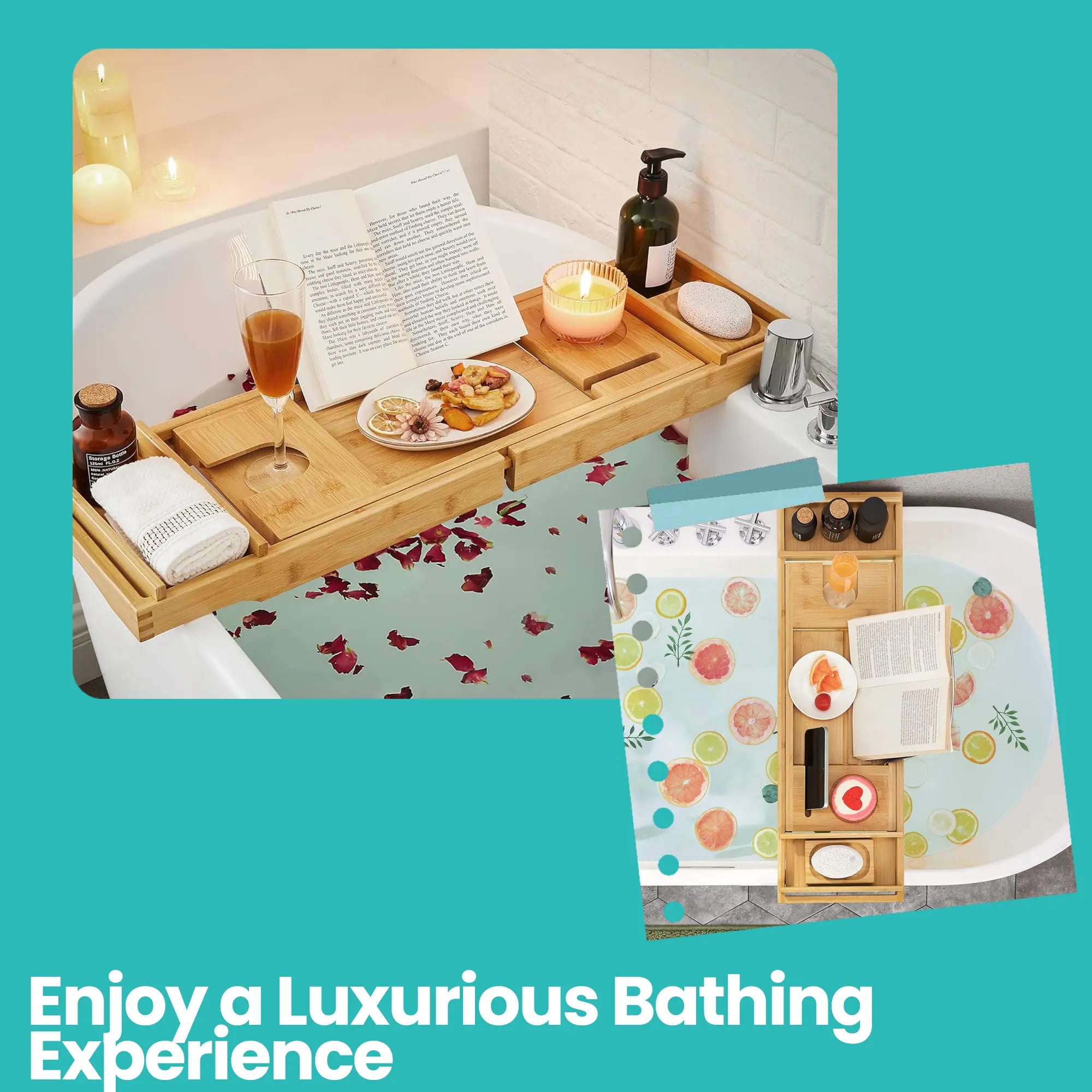 Extendable Bath Shelf – Bamboo – Natural – Includes Drink Holder, Bookend, and Soap Holder