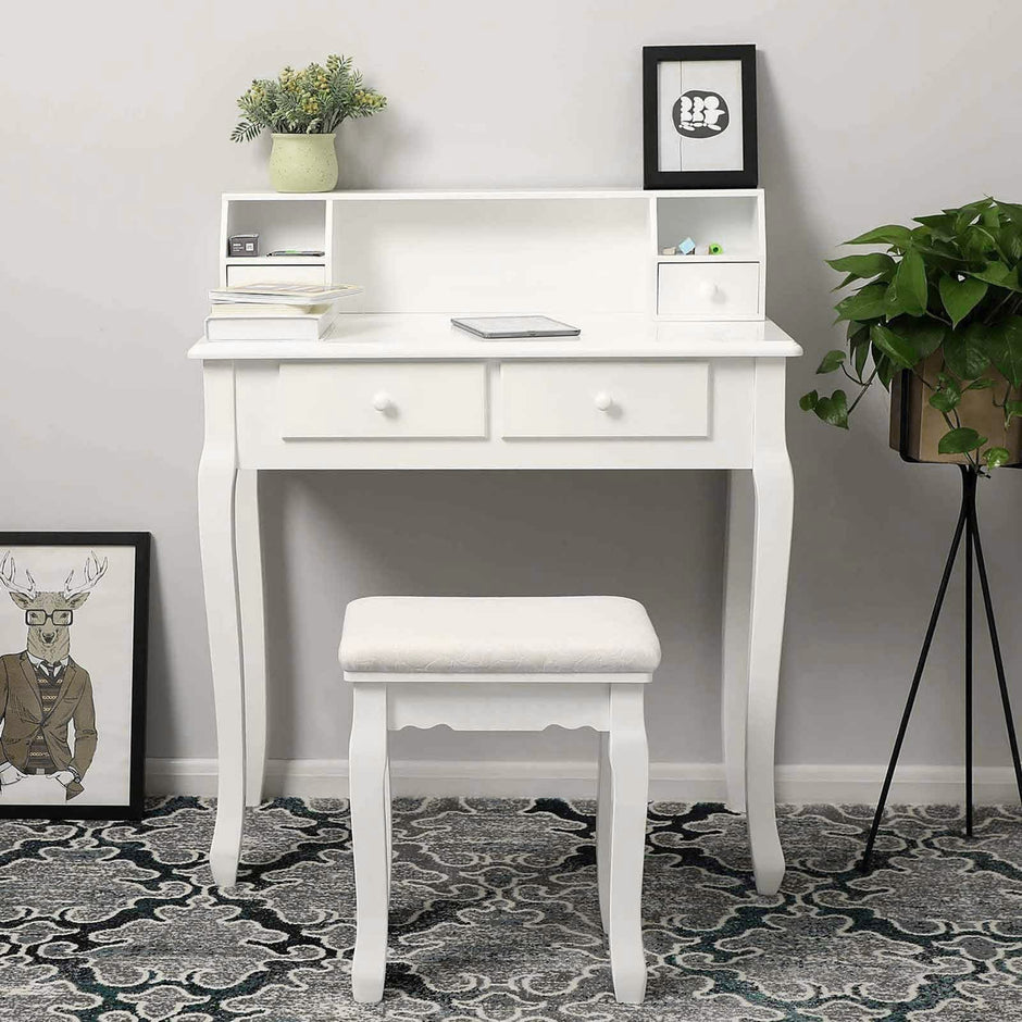 Dressing Stool – Rubberwood – White – Padded Bench with Floral Pattern