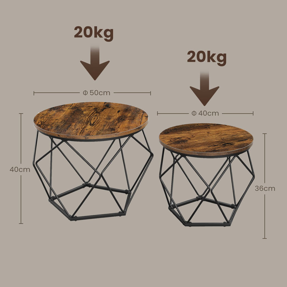 Set of 2 Coffee Tables – Steel Frame – Brown and Black – Removable Tabletop, Modern Style