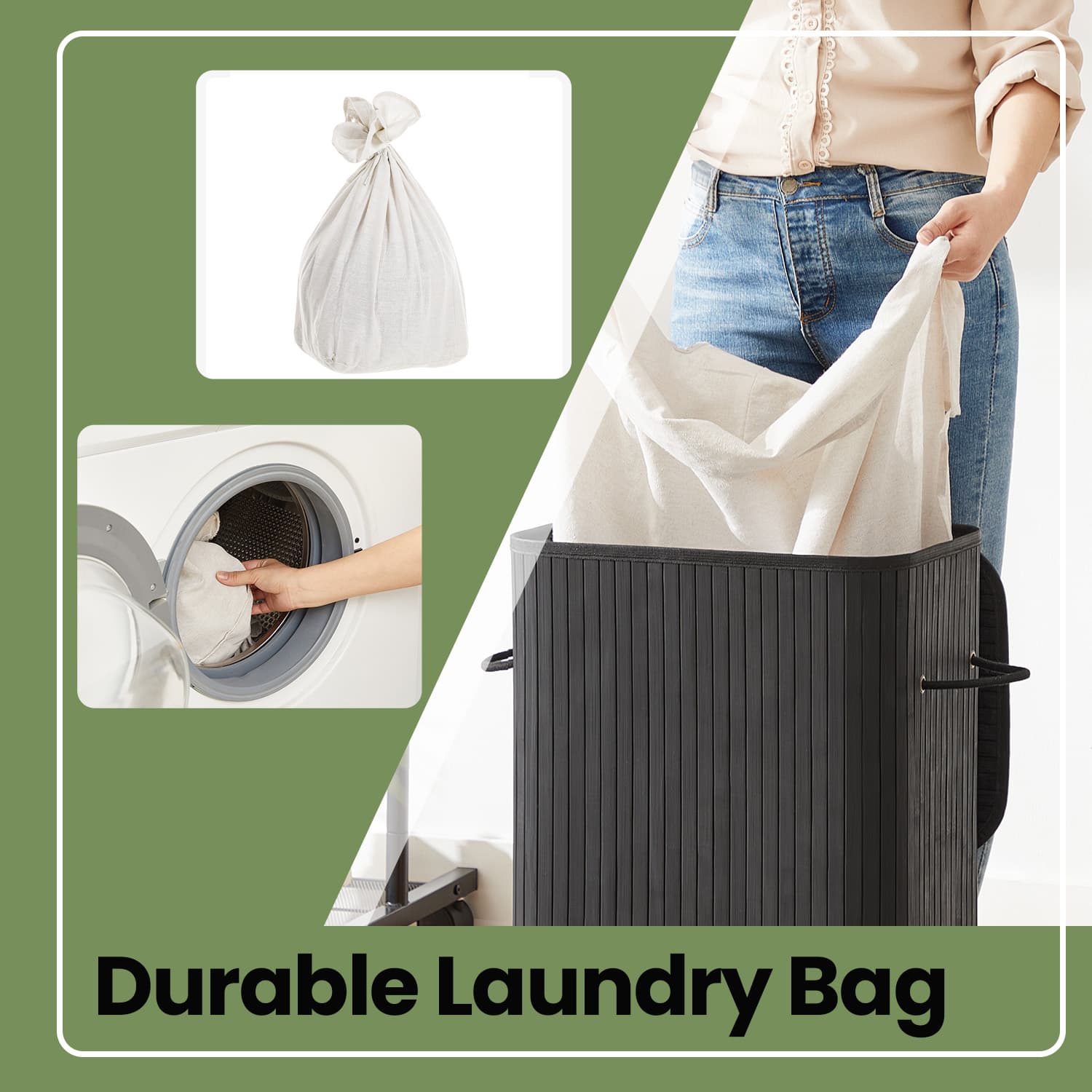 Foldable Laundry Hamper – Bamboo – Natural – 72 L Capacity with Lid and 3 Handles
