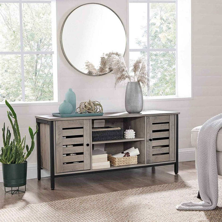 TV Console Unit – Wood – Rustic Brown – Louvered Doors, Storage Shelves