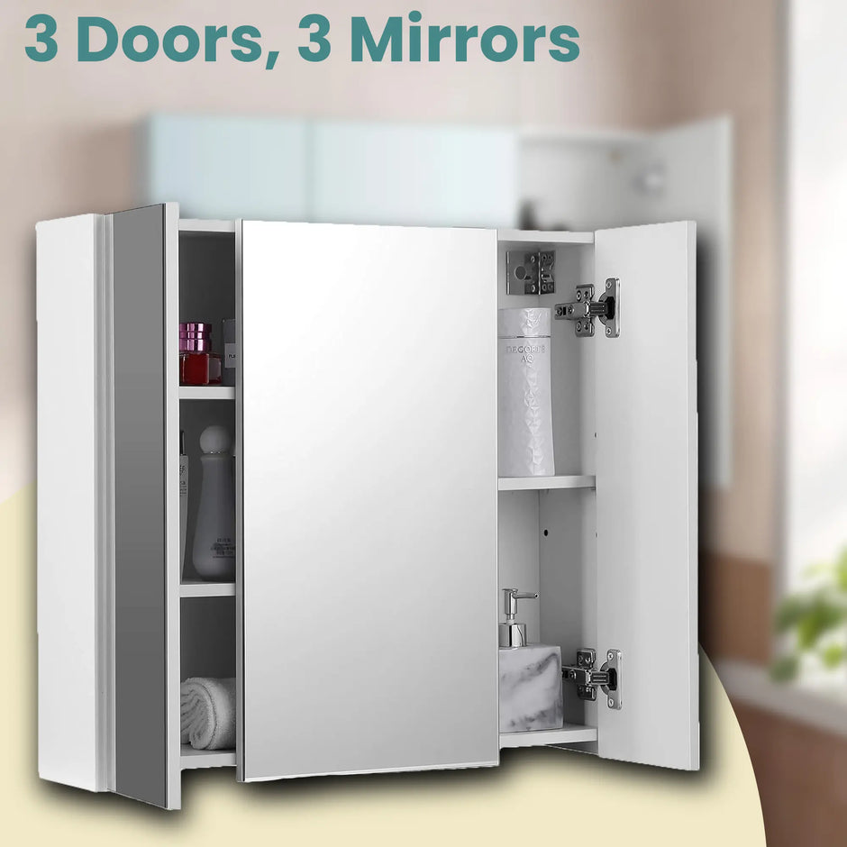 Wall-Mounted Bathroom Storage Cabinet – MDF – White – 3-Door with Adjustable Shelf and Mirror