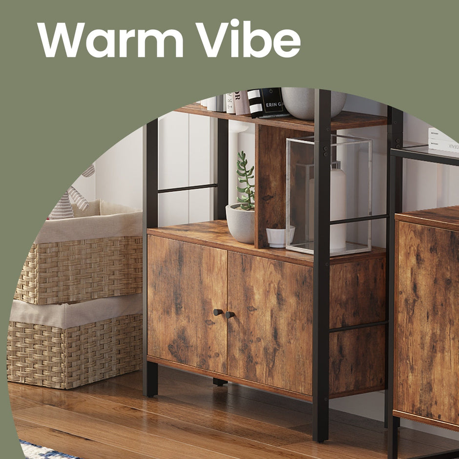 Large Bookcase – Wood – Camel Brown and Ink Black – With Doors and Tall Legs