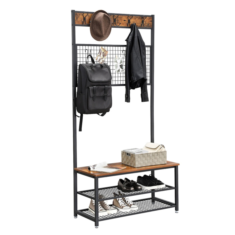 Industrial Shoe Rack Bench – Metal and Wood – Rustic Brown – With Grid Memo Board and 9 Hooks