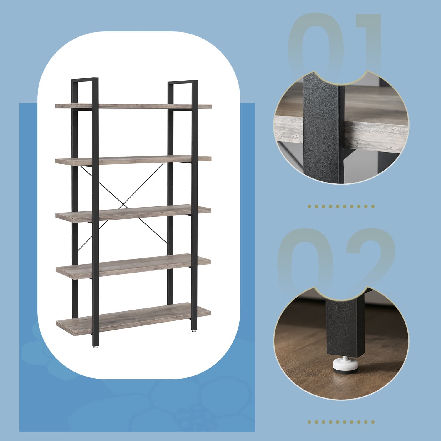 Bookshelf – Wood – Rustic Brown – 5-Tier Industrial Design