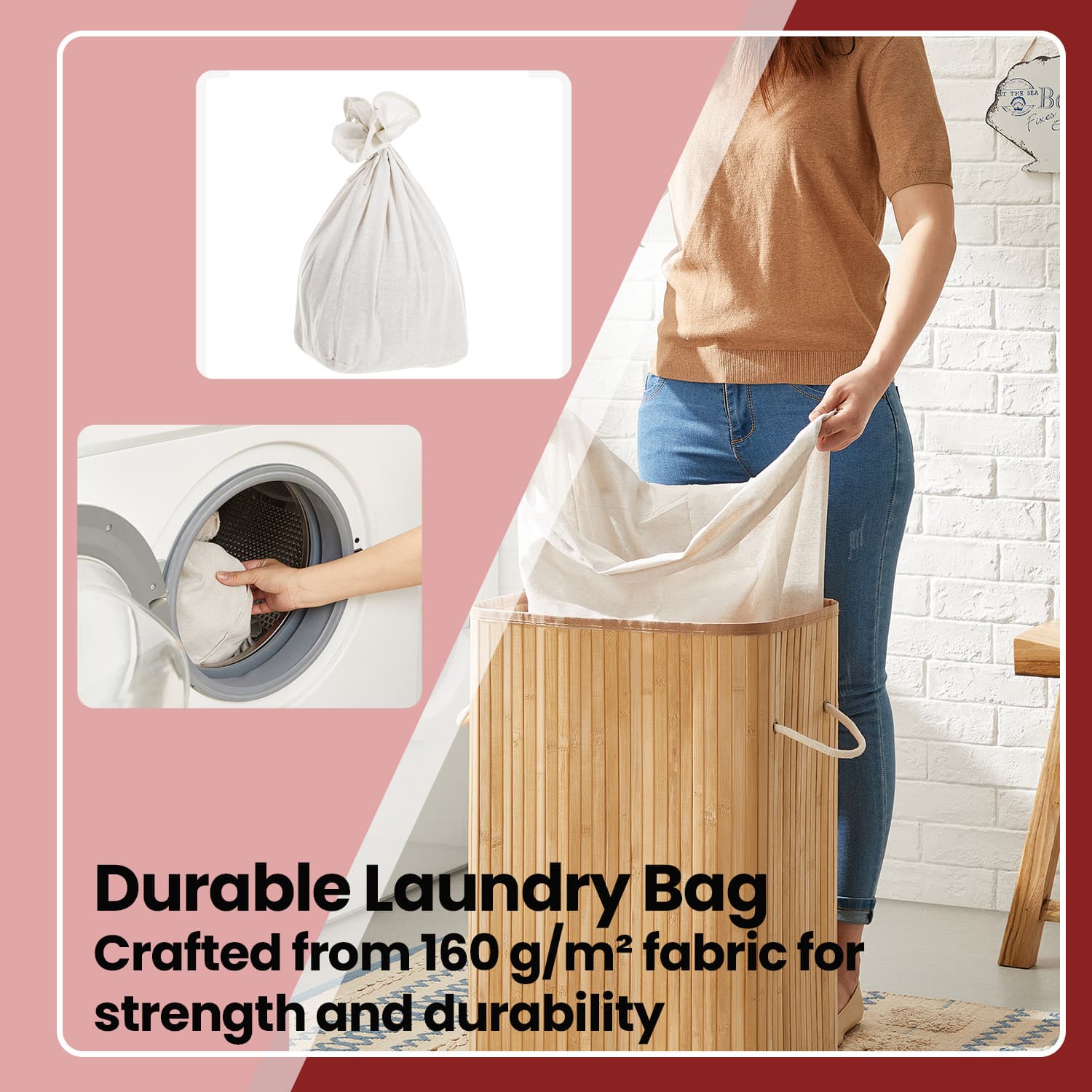 Foldable Laundry Hamper – Bamboo – Natural – 72 L Capacity with Lid and 3 Handles