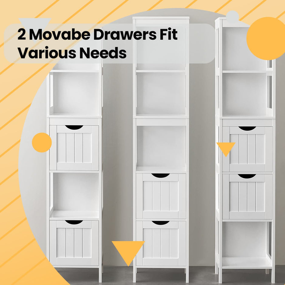 Freestanding Bathroom Floor Cabinet – Wood – White – 2 Drawer Storage Unit