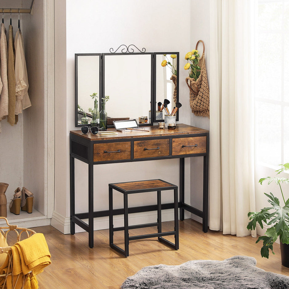 Vanity Table Set – Steel Frame – Rustic Brown and Black – Tri-Fold Mirror, 3 Drawers