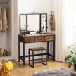 Vanity Table Set – Steel Frame – Rustic Brown and Black – Tri-Fold Mirror, 3 Drawers