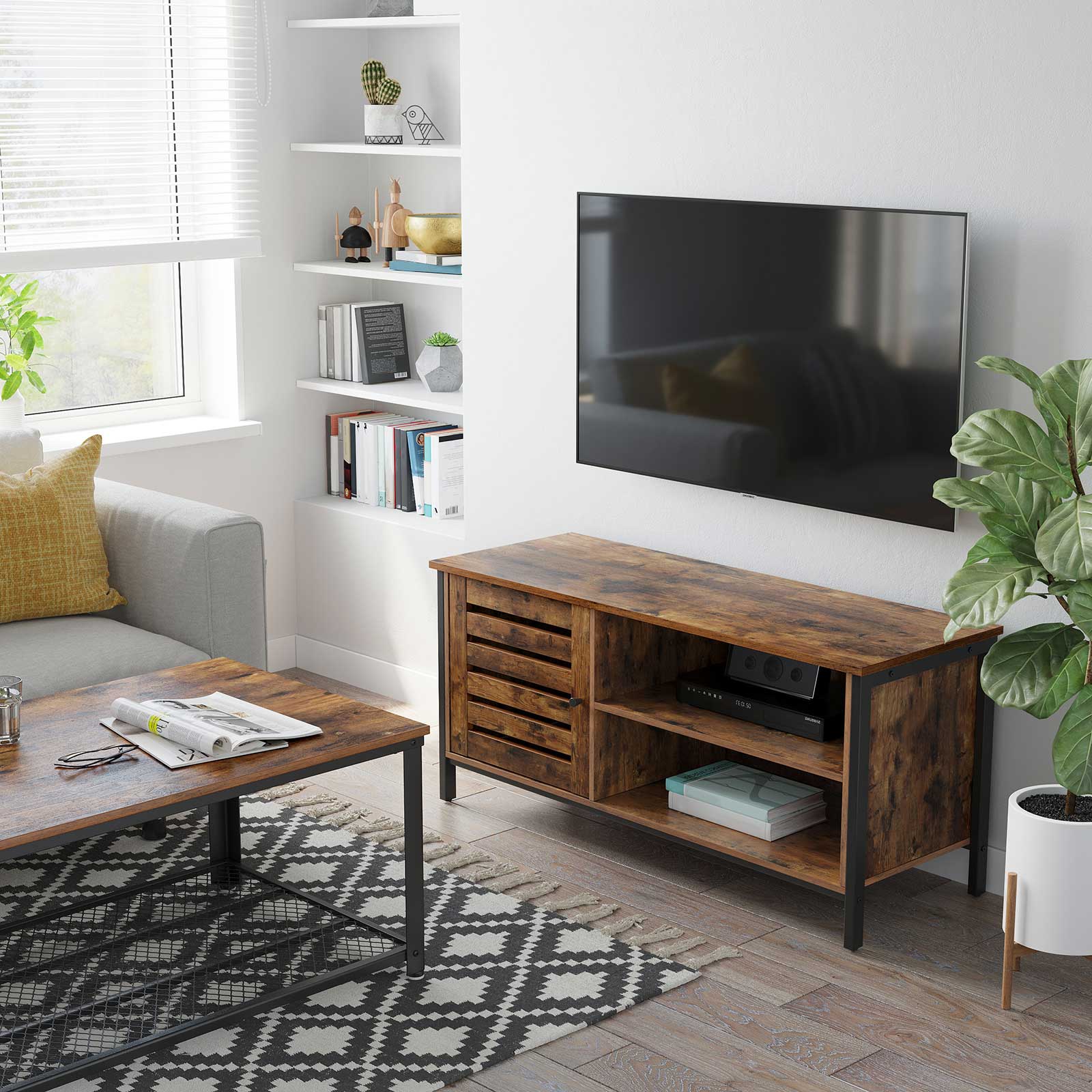 TV Cabinet – Wood and Metal – Rustic Brown and Black – Louvred Door with 2 Shelves