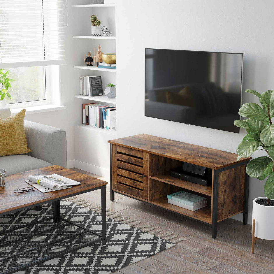 TV Cabinet – Wood and Metal – Rustic Brown and Black – Louvred Door with 2 Shelves