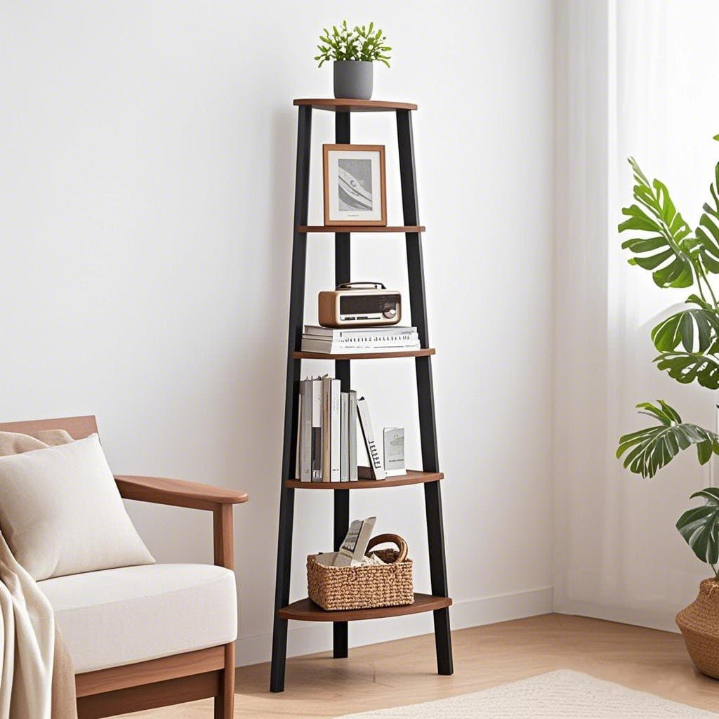 Corner Shelf Unit – Metal and Wood – Rustic Brown – 5-Tier Ladder Design for Living Room and Office