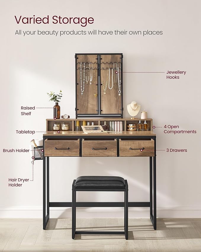 Dressing Table – Wood – Industrial Style – Tri-Fold Mirror, 3 Drawers, Hair Dryer Holder