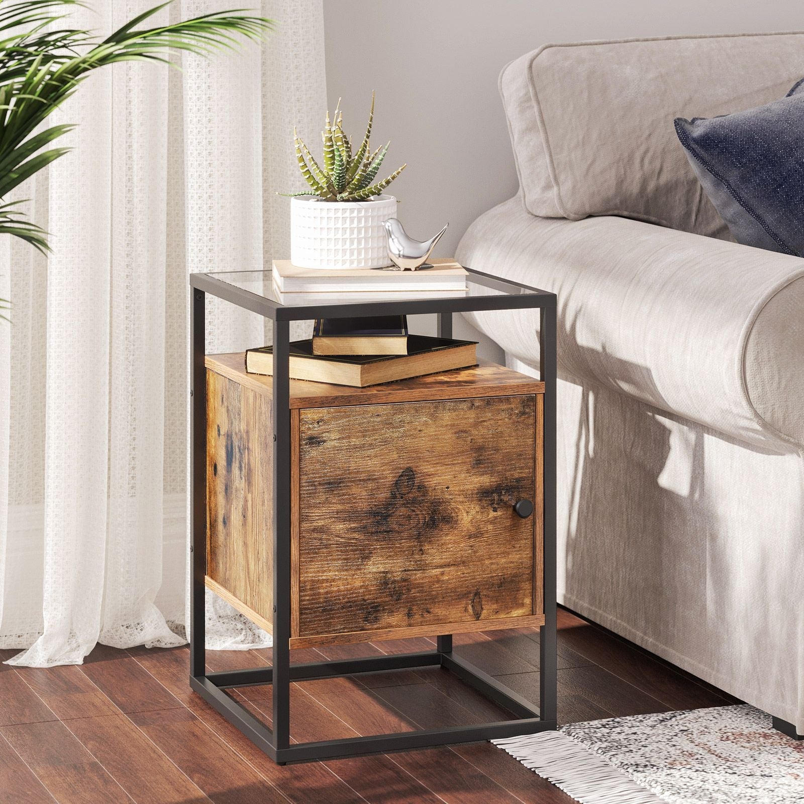 Side Table – Tempered Glass and Wood – Rustic Brown – Industrial Design with Cupboard