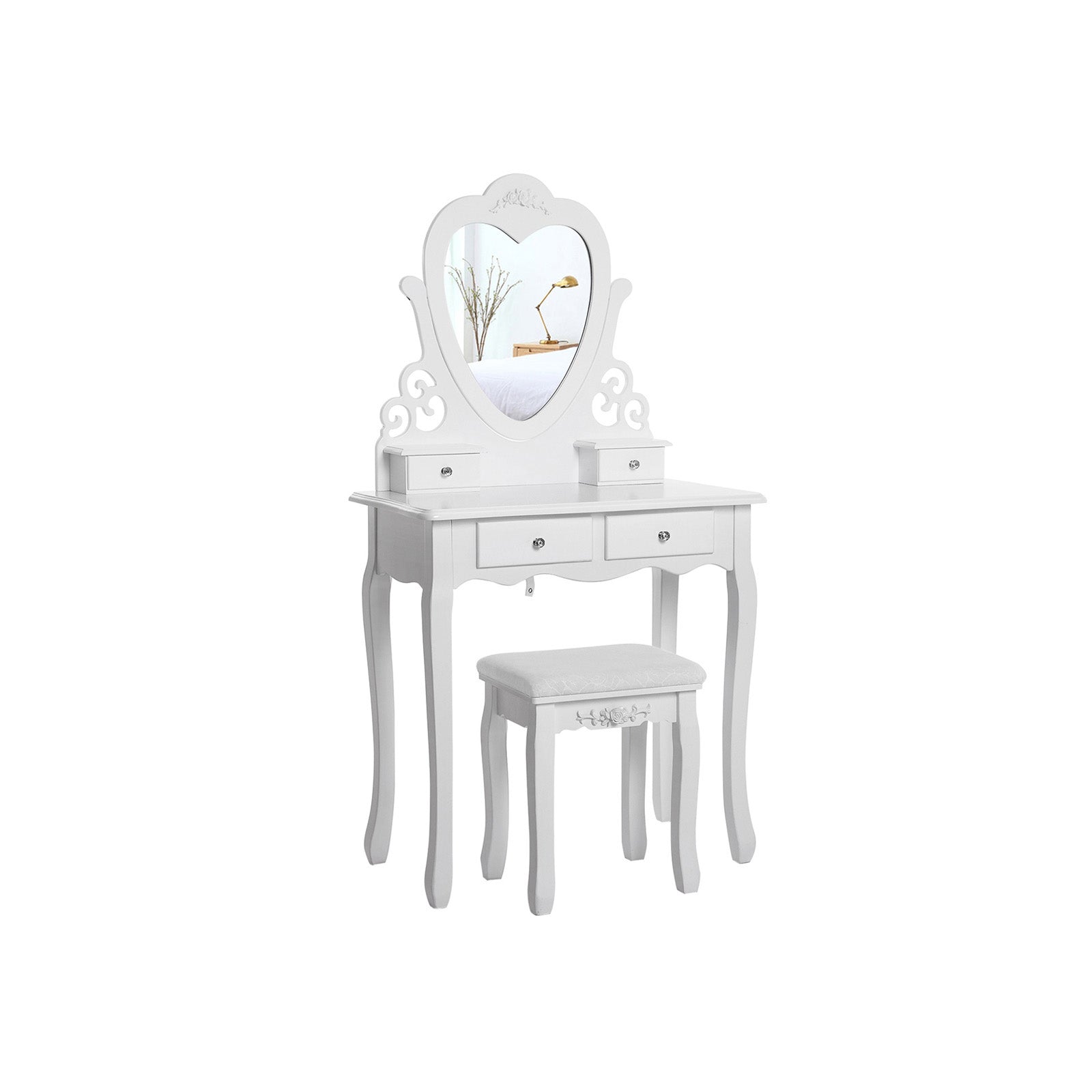 Dressing Table – Wood – White – 4 Drawers with Heart-Shaped Mirror and Stool