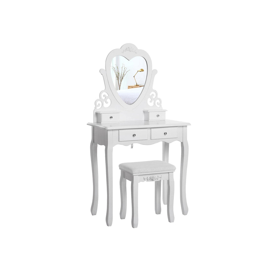 Dressing Table – Wood – White – 4 Drawers with Heart-Shaped Mirror and Stool