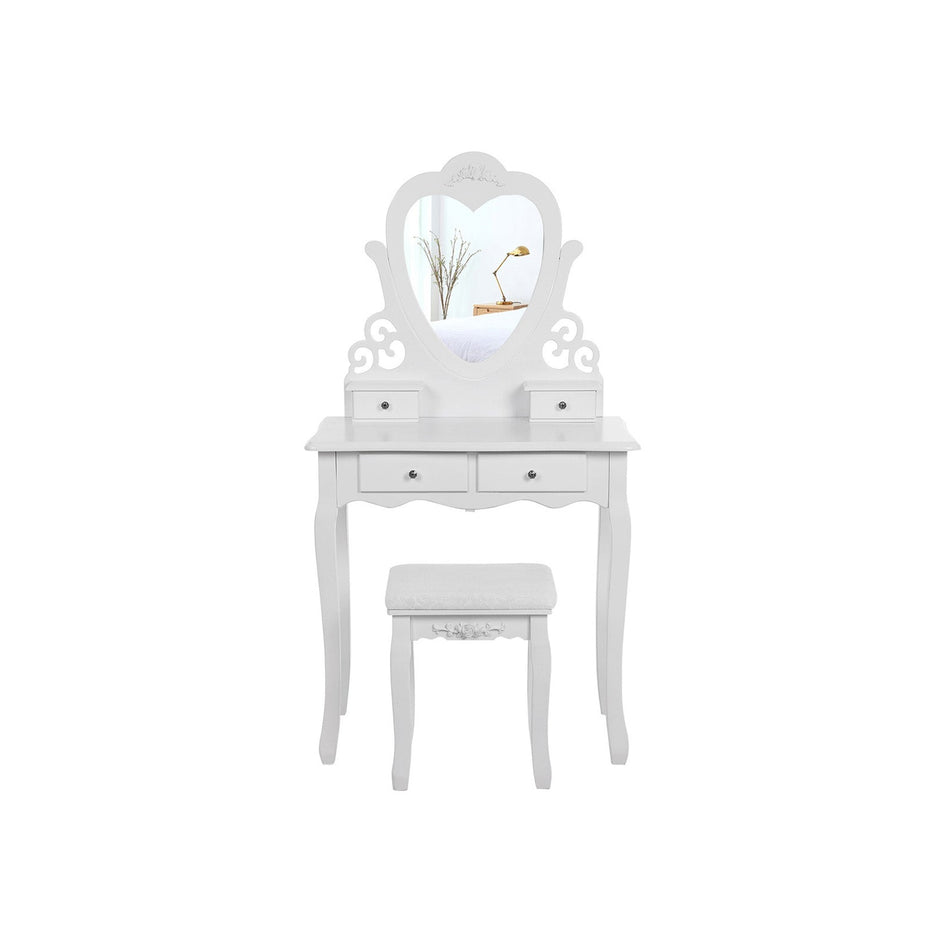 Dressing Table – Wood – White – 4 Drawers with Heart-Shaped Mirror and Stool