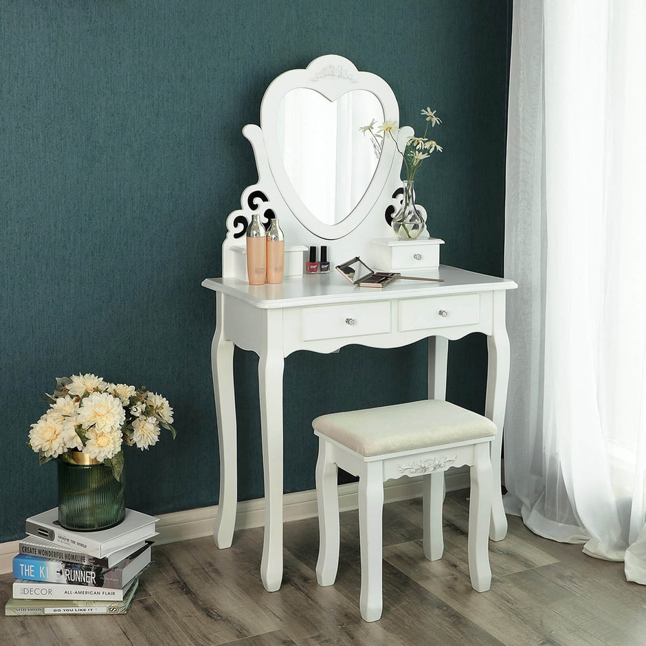 Dressing Table – Wood – White – 4 Drawers with Heart-Shaped Mirror and Stool