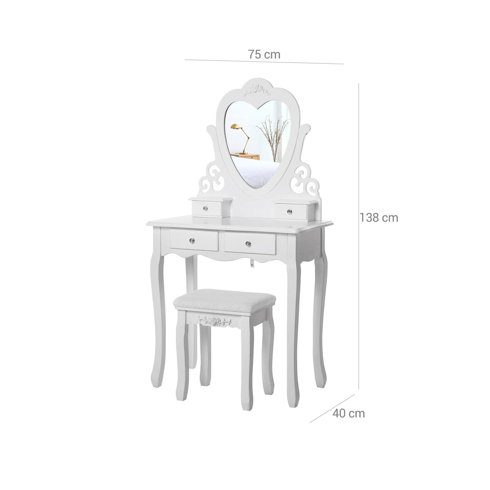 Dressing Table – Wood – White – 4 Drawers with Heart-Shaped Mirror and Stool
