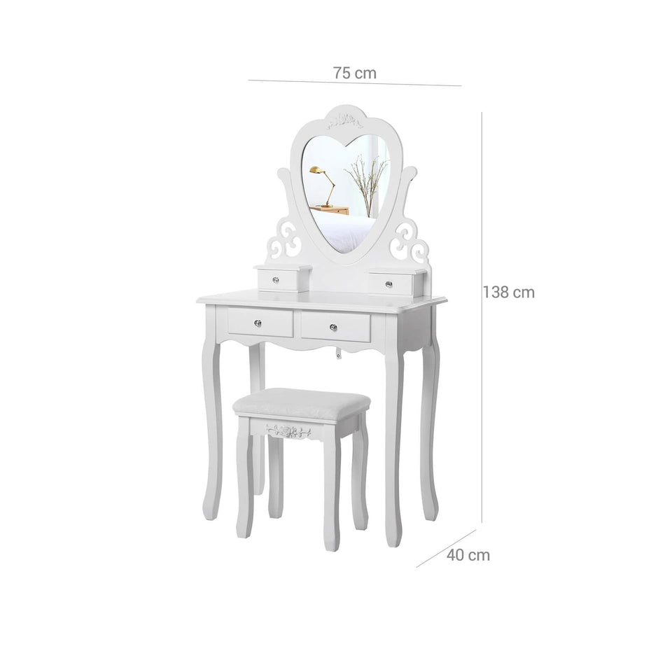 Dressing Table – Wood – White – 4 Drawers with Heart-Shaped Mirror and Stool